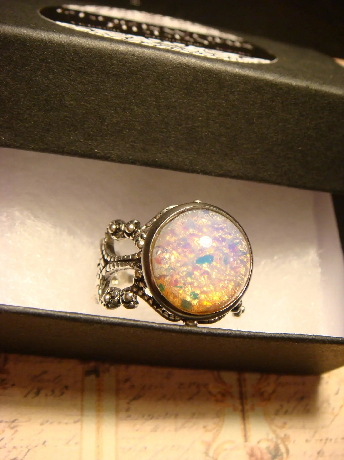 Simulated Opal Filigree Ring in Antique Silver - Adjustable