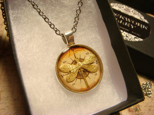 Dragonfly over Compass Rose Small Pendant Necklace