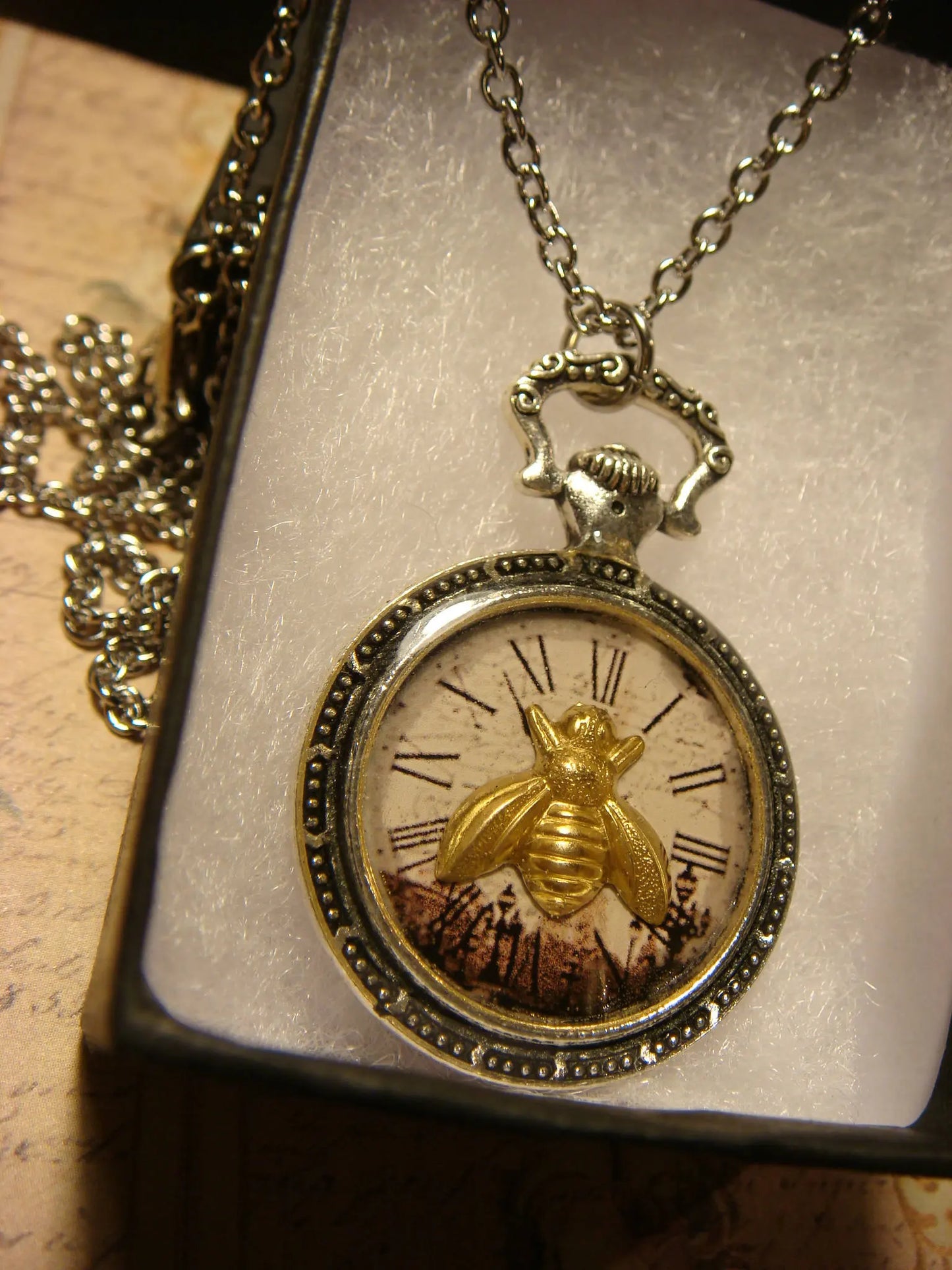 Bee over Victorian Clock Pocket Watch Pendant Necklace