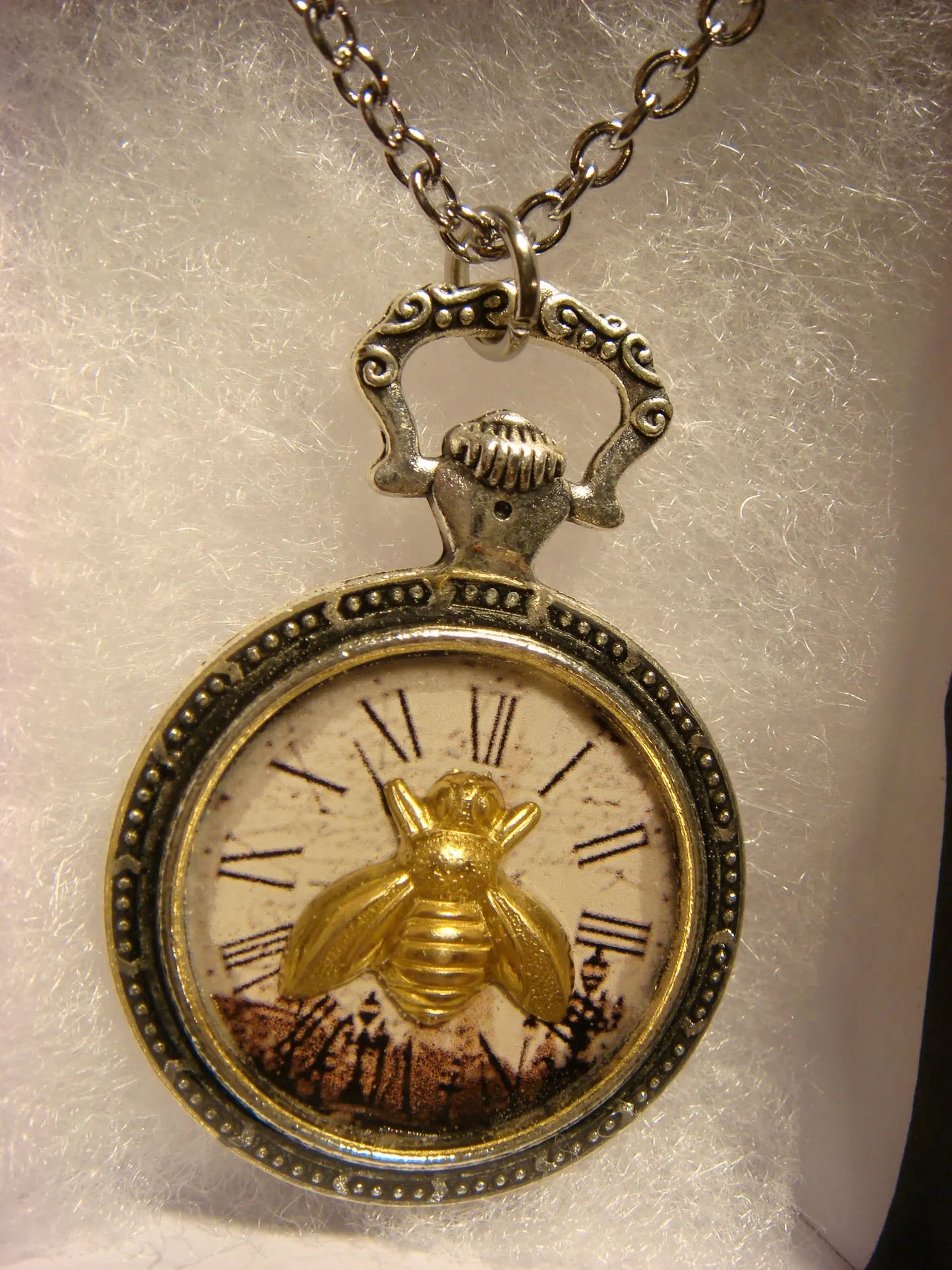 Bee over Victorian Clock Pocket Watch Pendant Necklace