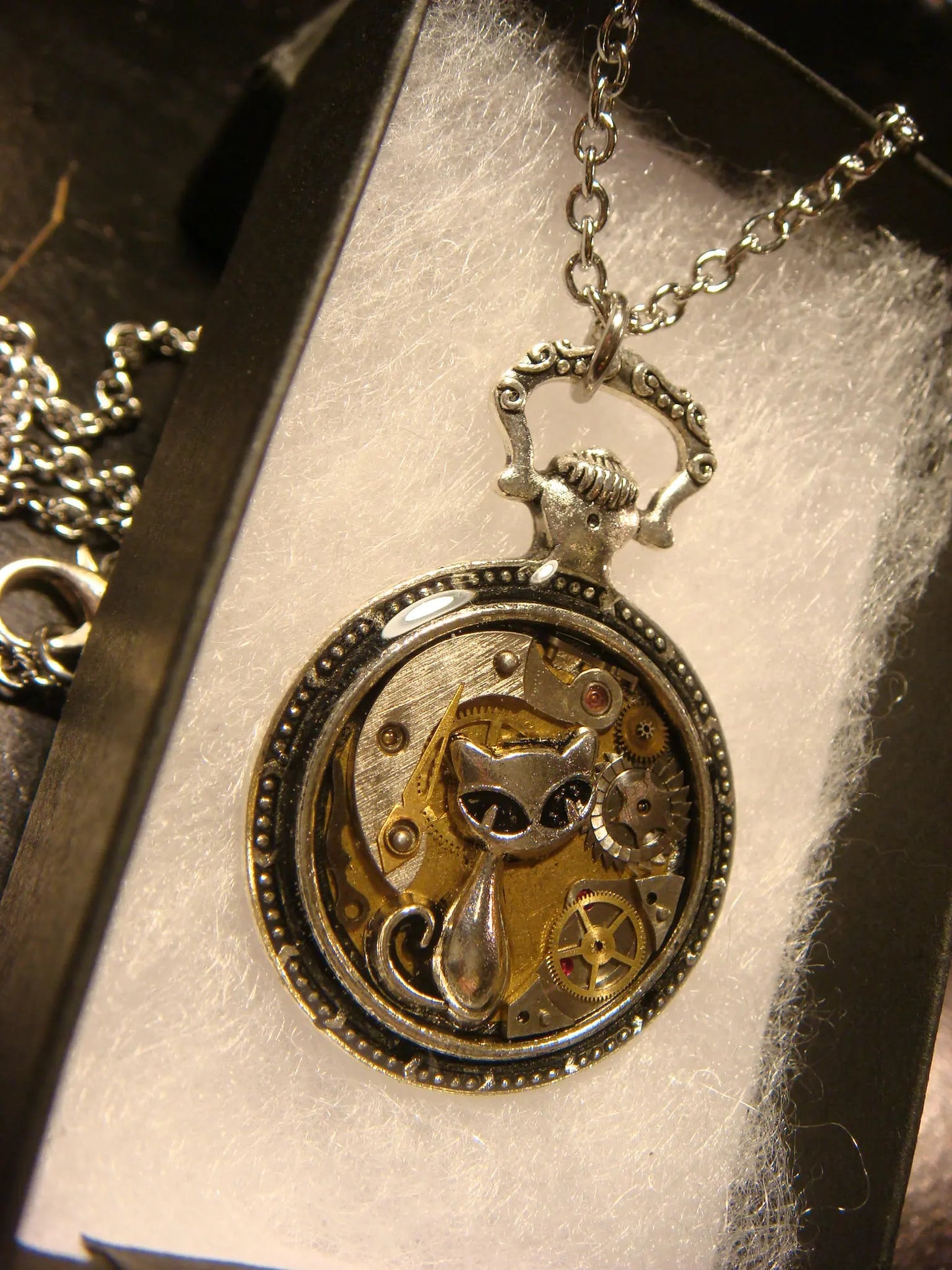 Clockwork Cat with Watch Parts Pocket Watch Pendant Necklace