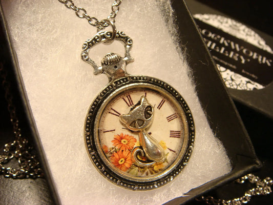 Cat over Floral Clock Pocket Watch Pendant Necklace