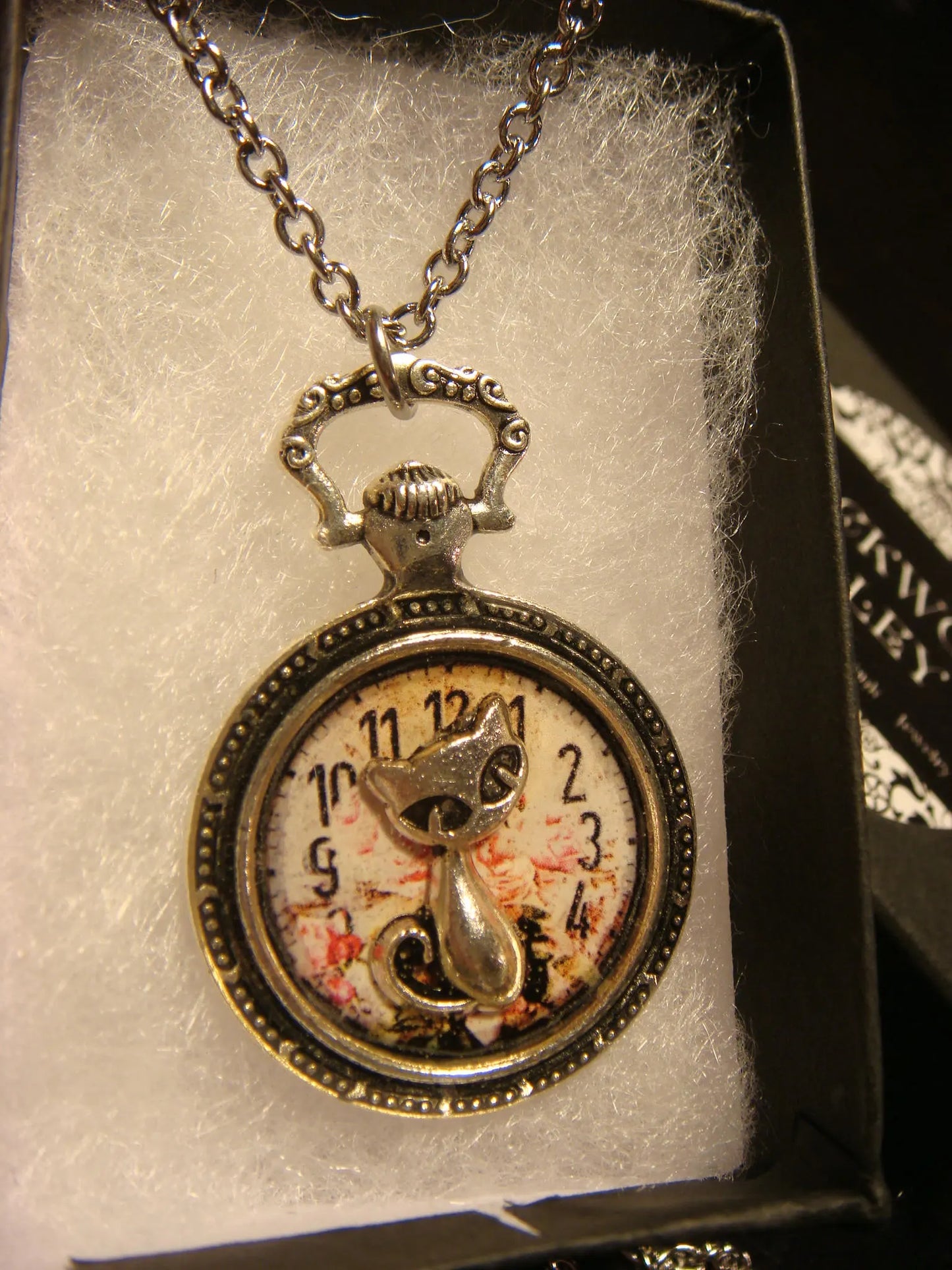 Cat over Floral Clock Pocket Watch Pendant Necklace in Antique Silver