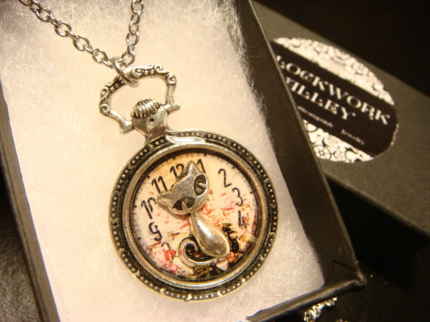 Cat over Floral Clock Pocket Watch Pendant Necklace in Antique Silver