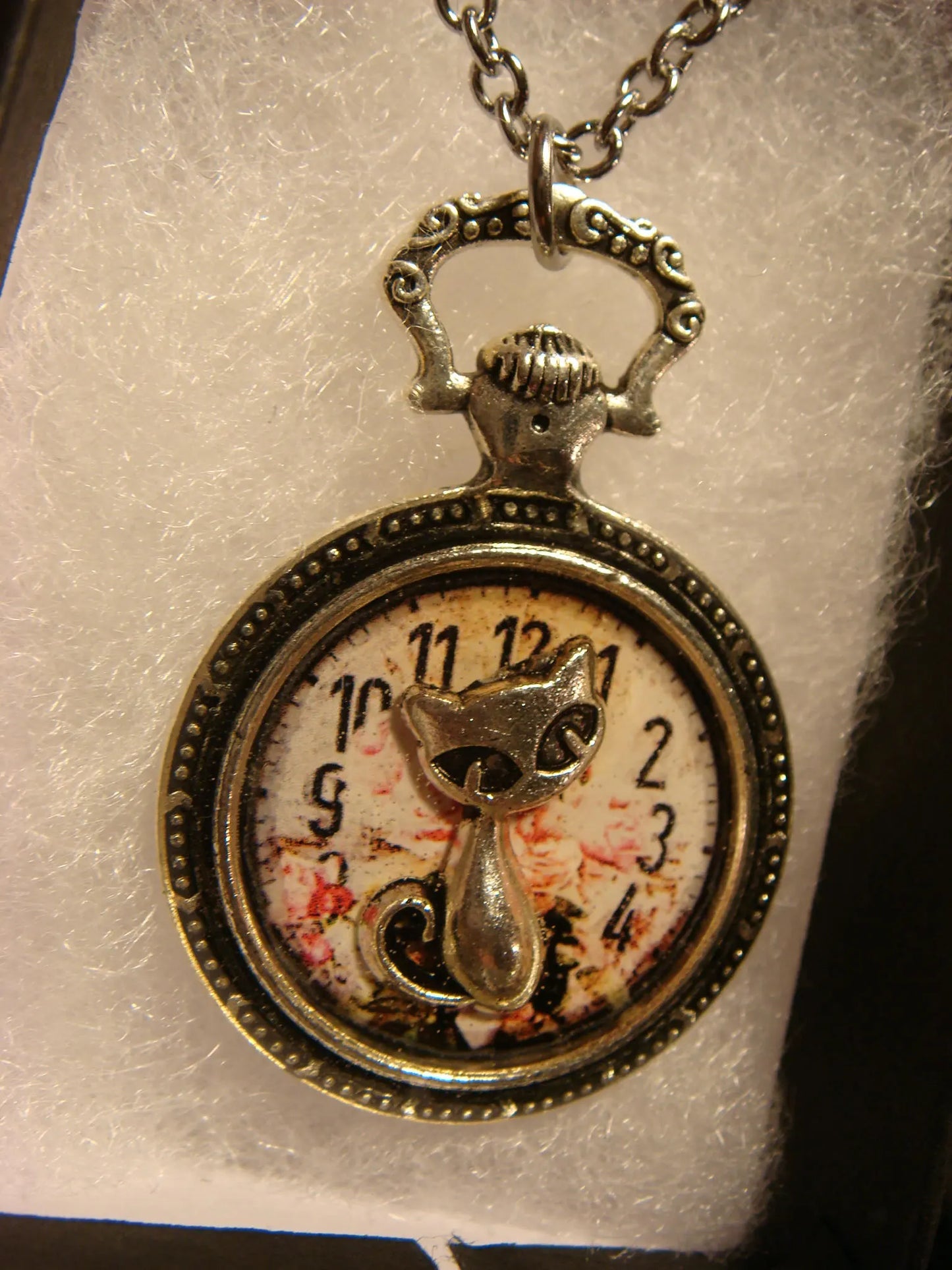 Cat over Floral Clock Pocket Watch Pendant Necklace in Antique Silver