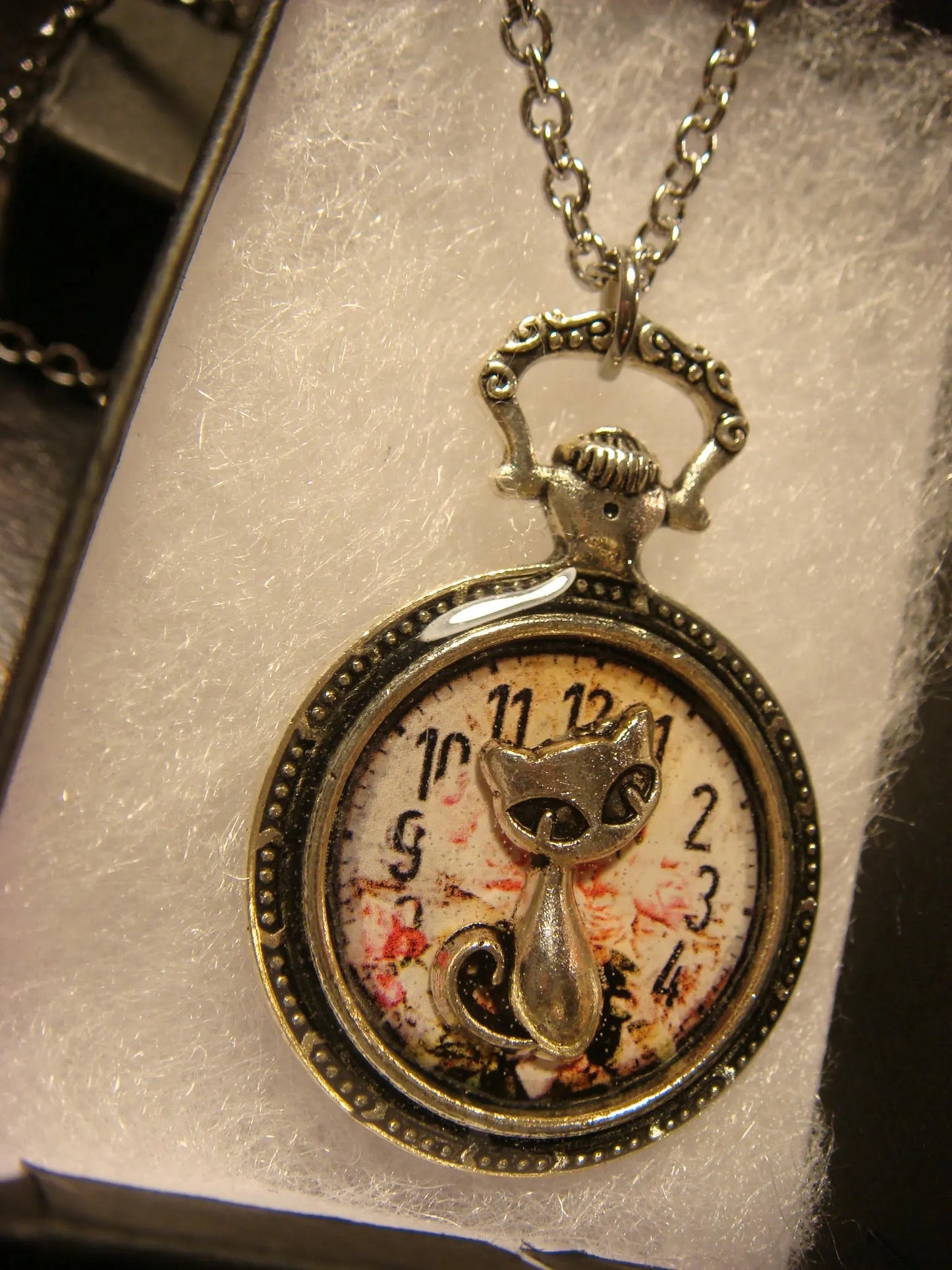 Cat over Floral Clock Pocket Watch Pendant Necklace in Antique Silver