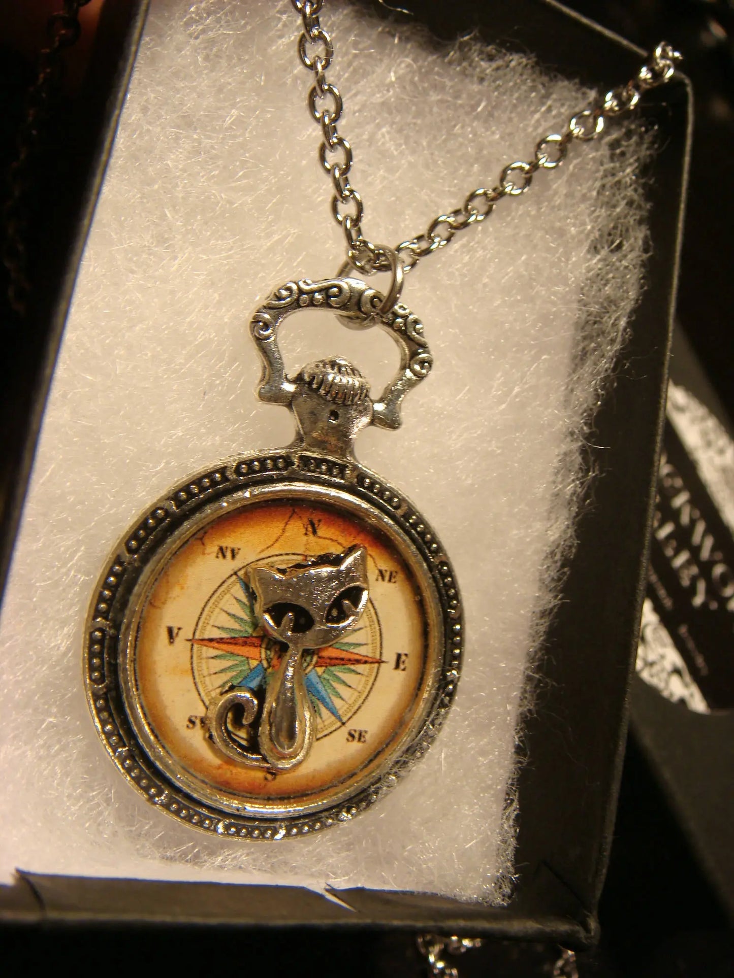 Cat over Compass Rose Pocket Watch Pendant Necklace