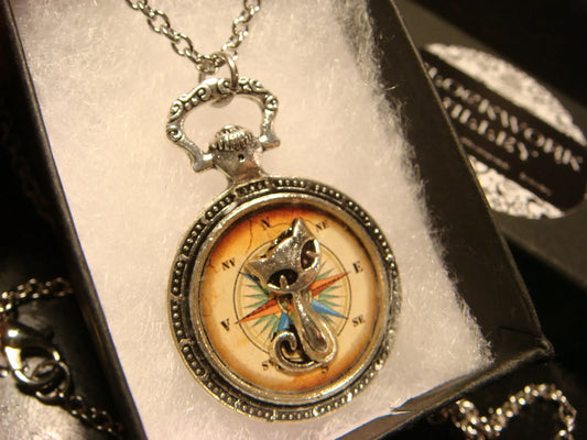 Cat over Compass Rose Pocket Watch Pendant Necklace