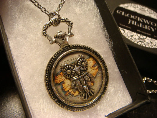 Owl over Vintage Map Pocket Watch Pendant Necklace
