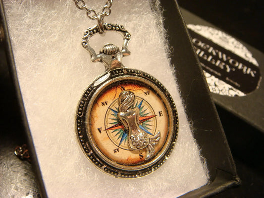 Mermaid over Compass Rose Pocket Watch Pendant Necklace
