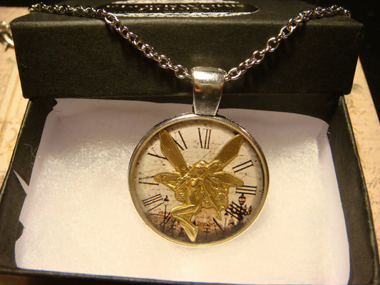 Fairy over Victorian Clock Pendant Necklace
