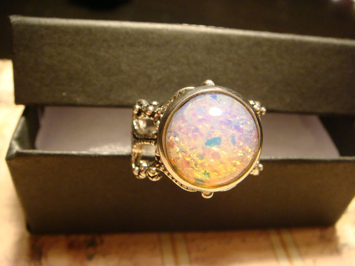 Simulated Opal Filigree Ring in Antique Silver - Adjustable