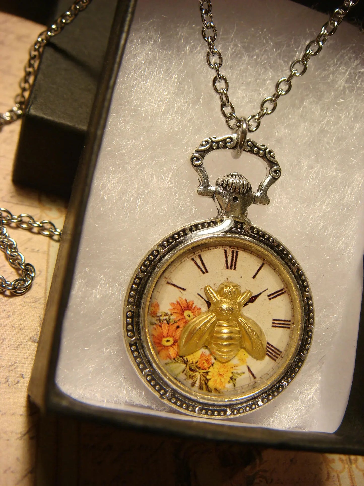 Bee over Floral Clock Pocket Watch Pendant Necklace