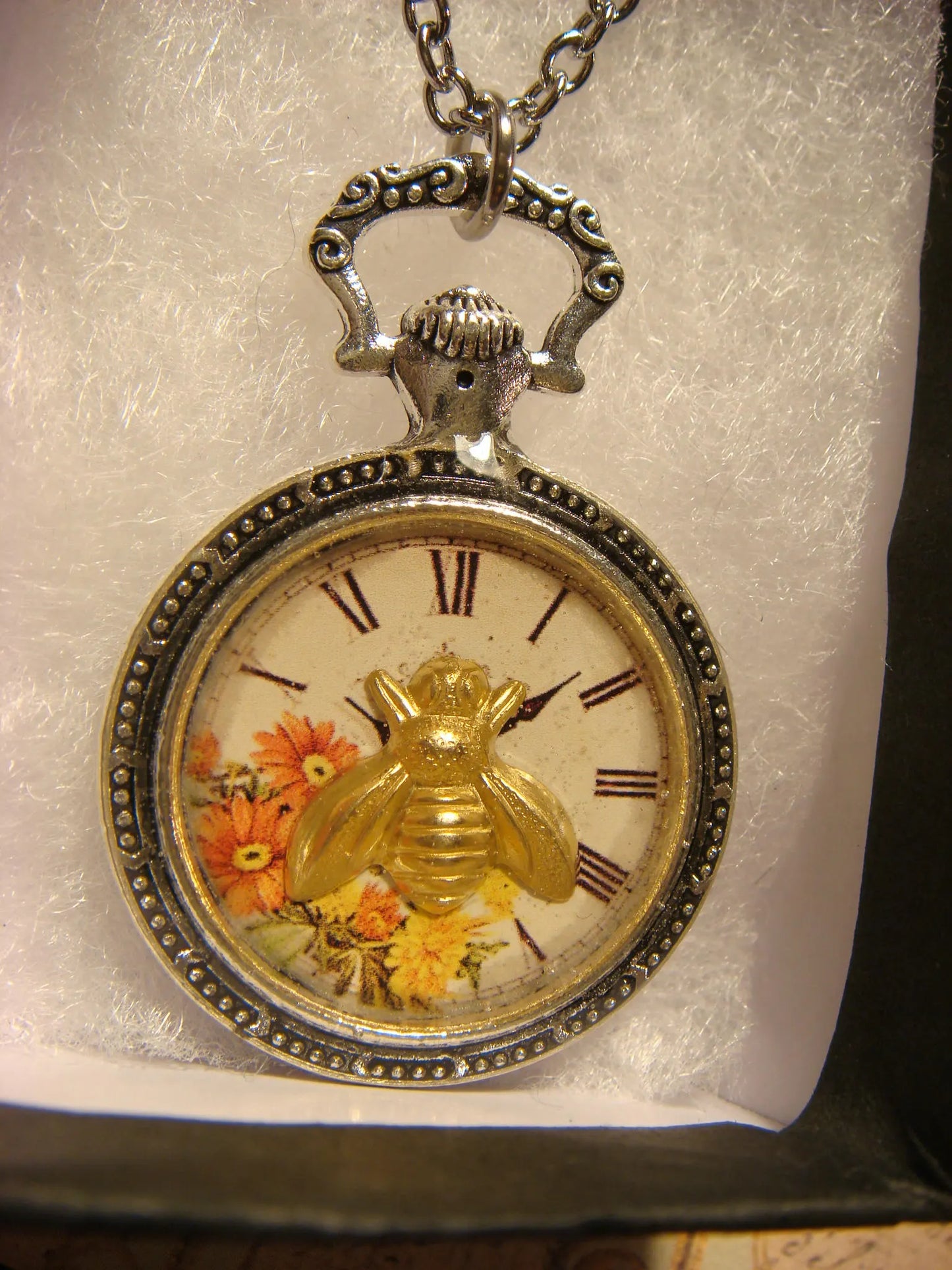 Bee over Floral Clock Pocket Watch Pendant Necklace