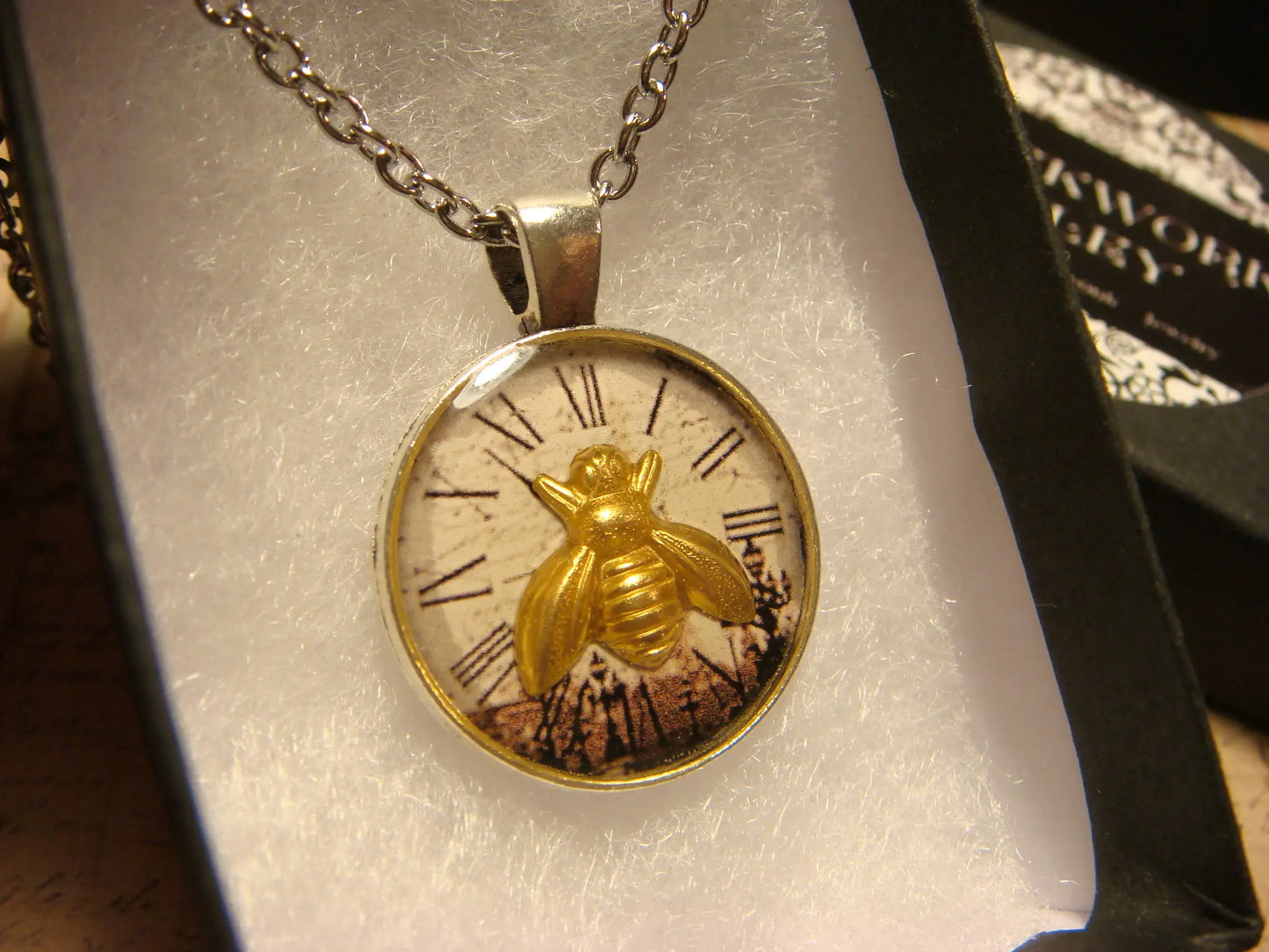 Bee over Victorian Clock Small Pendant Necklace