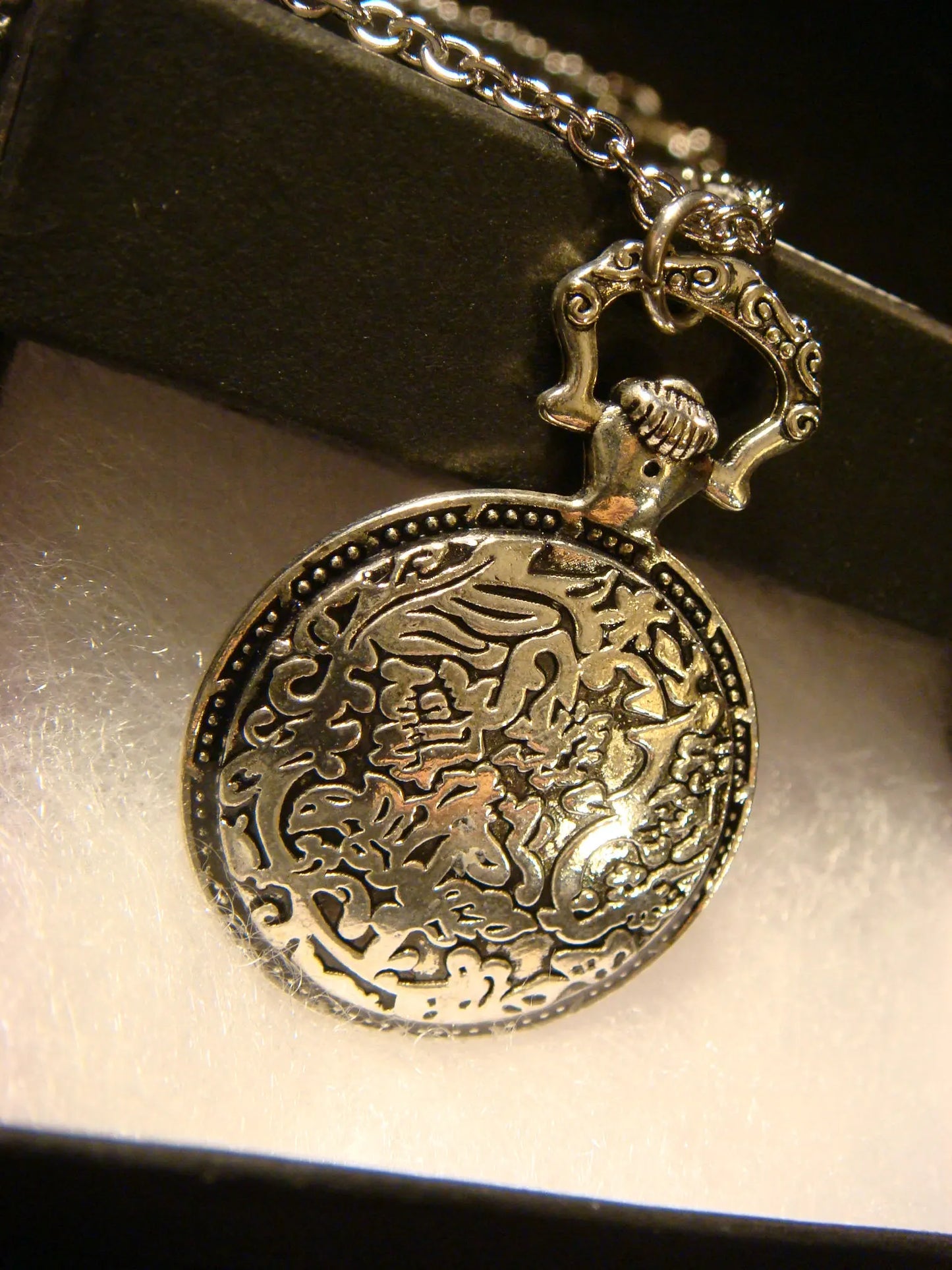 Cat over Floral Clock Pocket Watch Pendant Necklace in Antique Silver