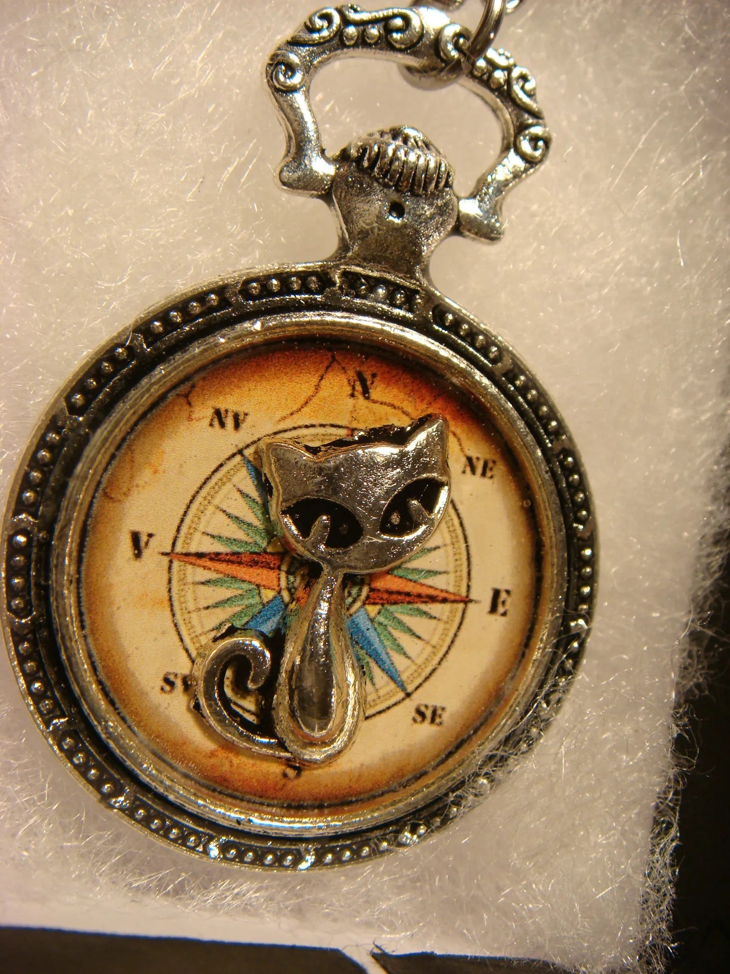 Cat over Compass Rose Pocket Watch Pendant Necklace