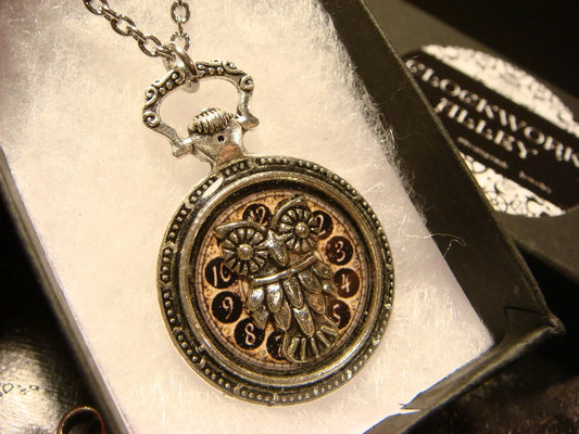 Owl over Clock Pocket Watch Pendant Necklace