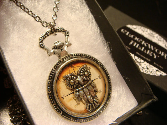 Owl over Compass Pocket Watch Pendant Necklace