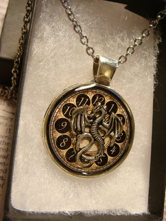 Dragon over Clock Pendant Necklace