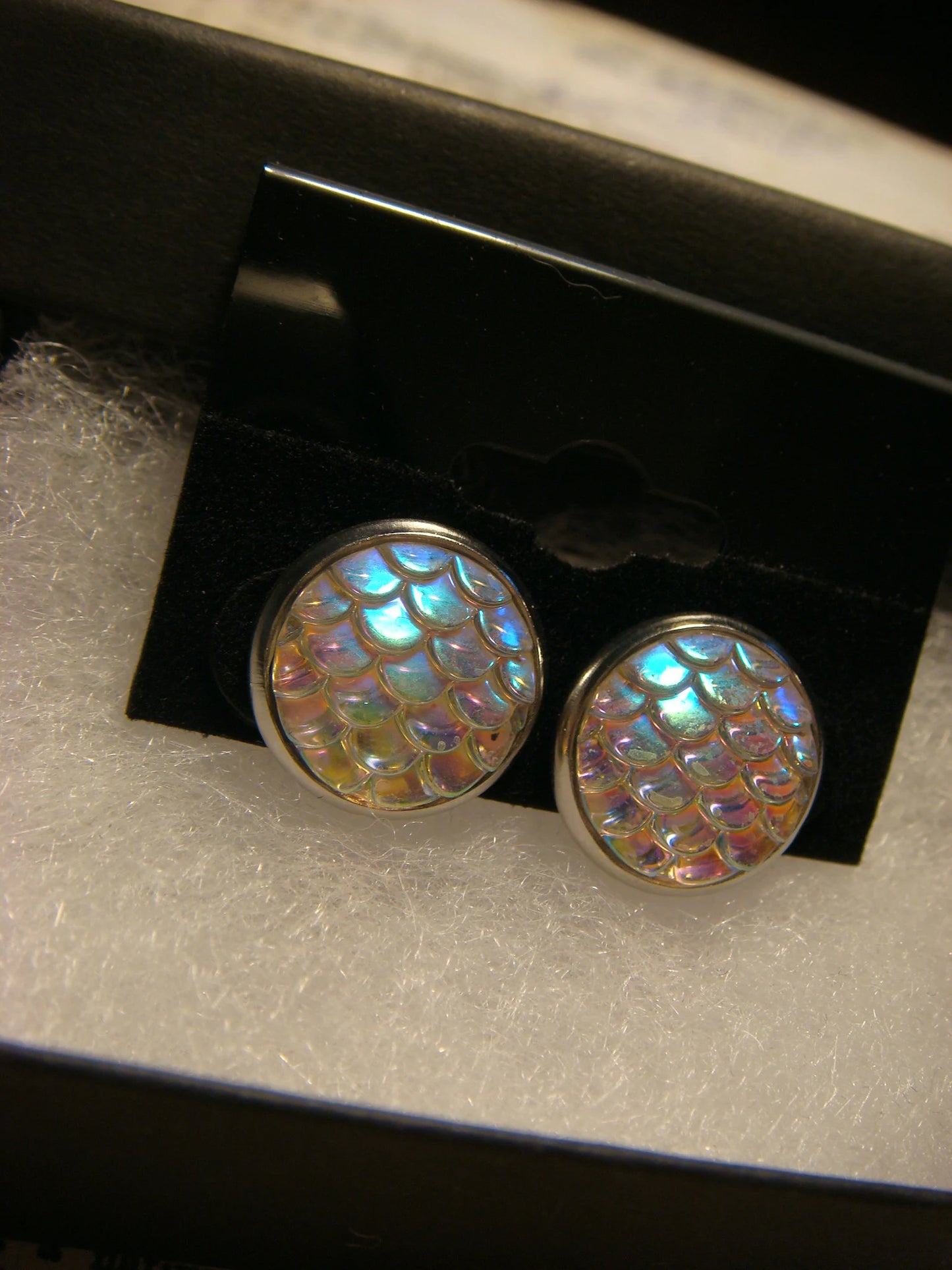 Iridescent White Scales Stainless Steel Stud Earrings