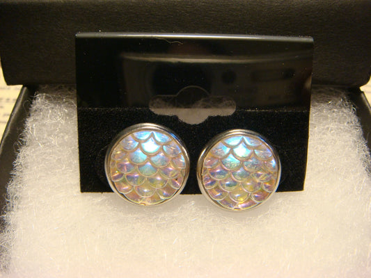 Iridescent White Scales Stainless Steel Stud Earrings