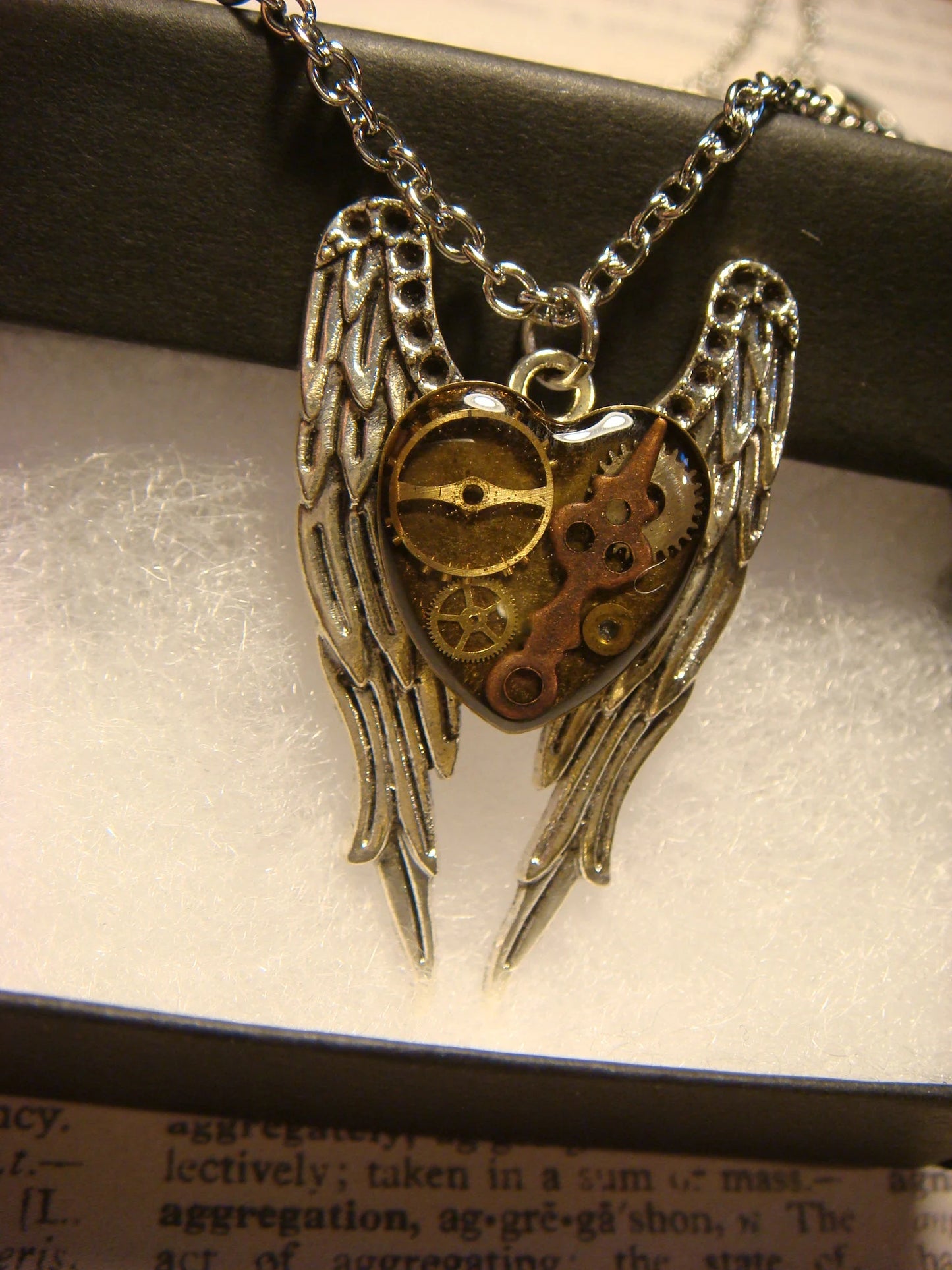 Clockwork Heart with Wings Necklace in Antique Silver