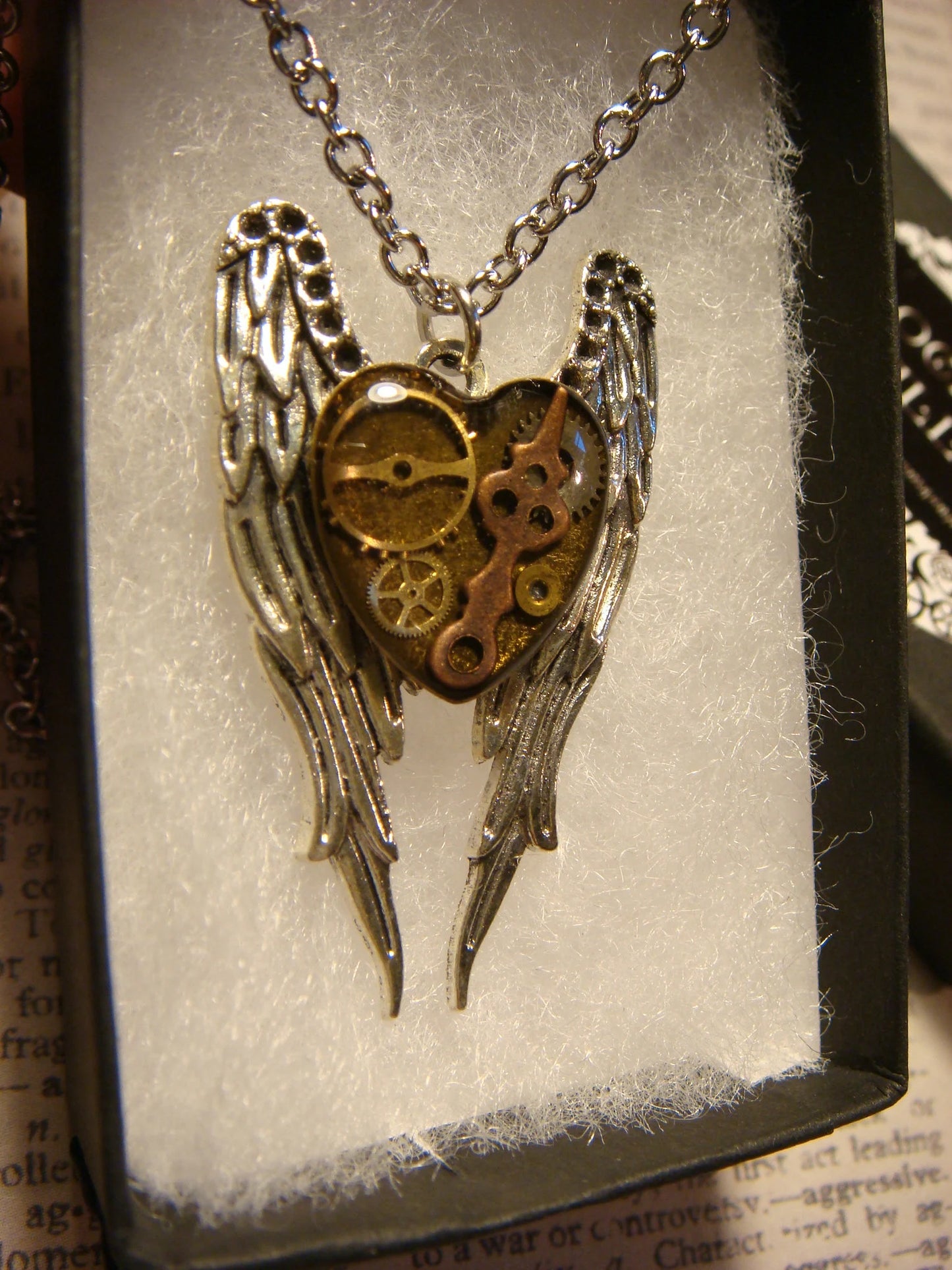 Clockwork Heart with Wings Necklace in Antique Silver