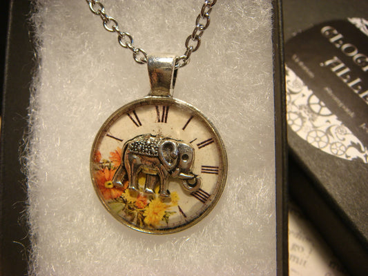 Elephant over Floral Clock Small Pendant Necklace
