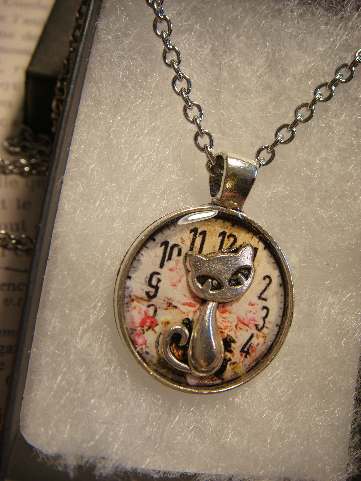 Cat over Floral Clock Small Pendant Necklace