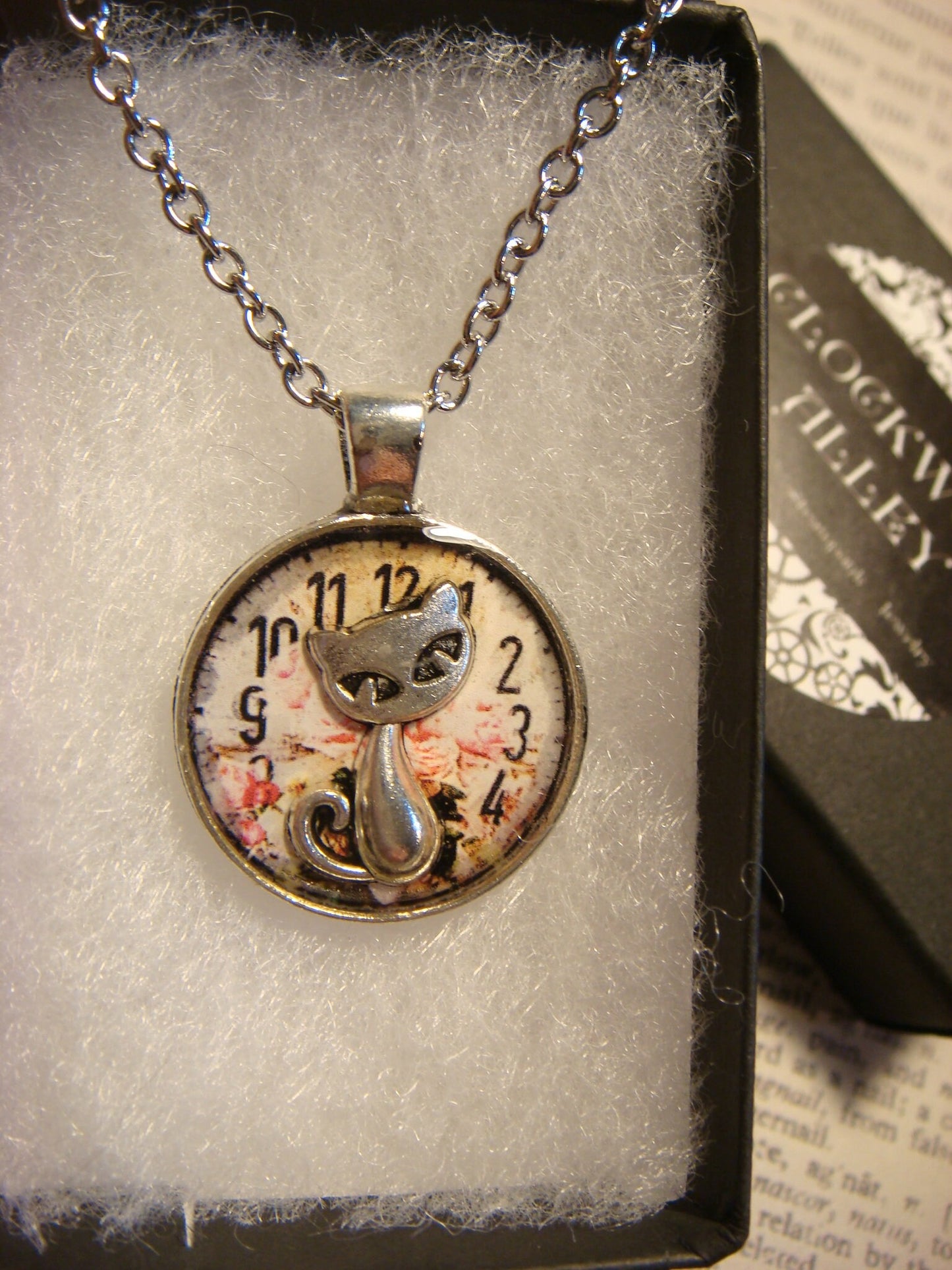 Cat over Floral Clock Small Pendant Necklace