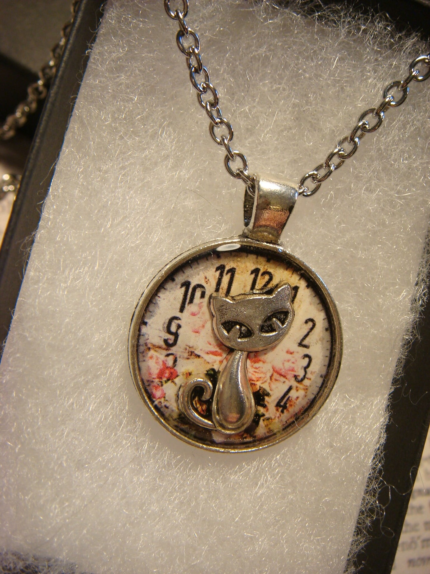 Cat over Floral Clock Small Pendant Necklace