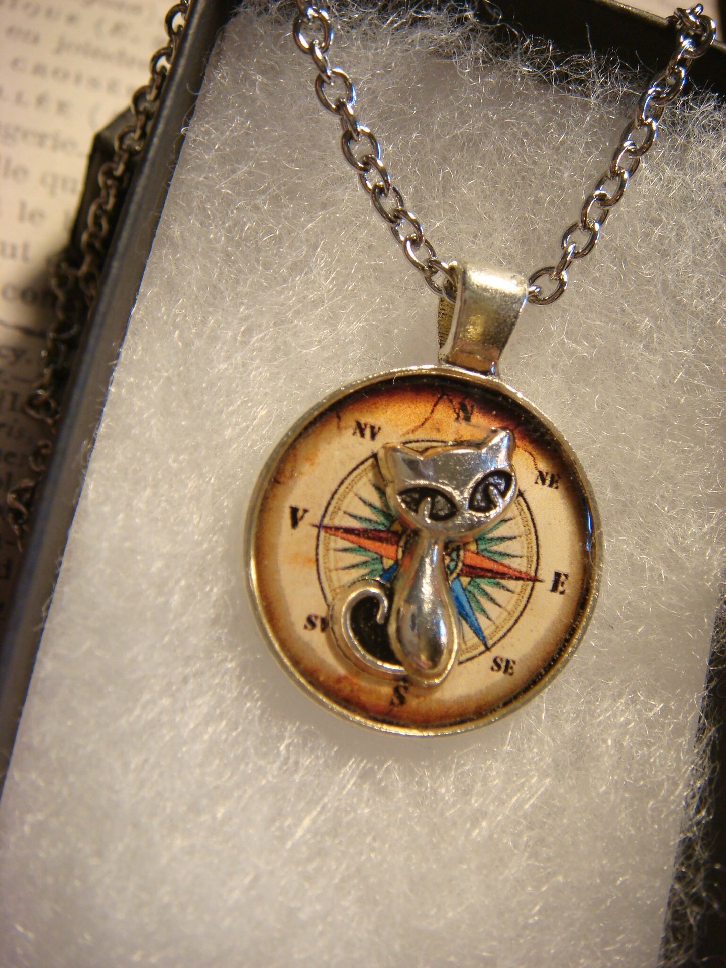 Cat over Compass Rose Small Pendant Necklace