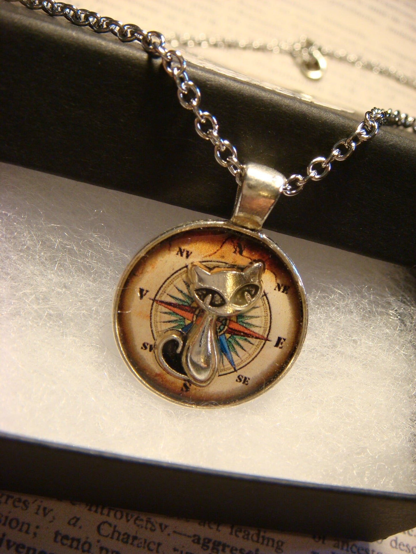 Cat over Compass Rose Small Pendant Necklace