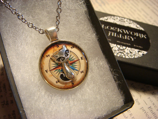 Cat over Compass Rose Small Pendant Necklace