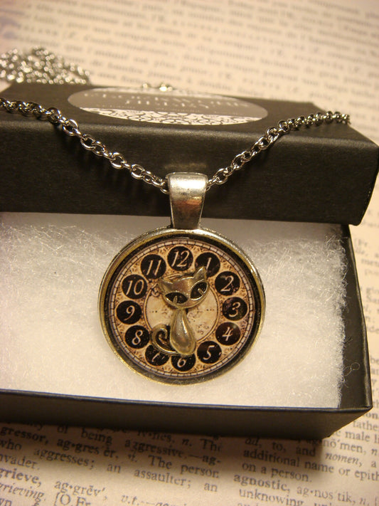 Cat over Clock Pendant Necklace