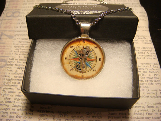 Cat over Compass Rose Pendant Necklace