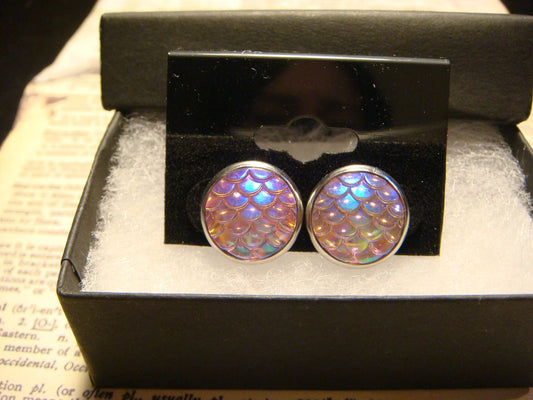 Iridescent Pink Scales Stainless Steel Stud Earrings