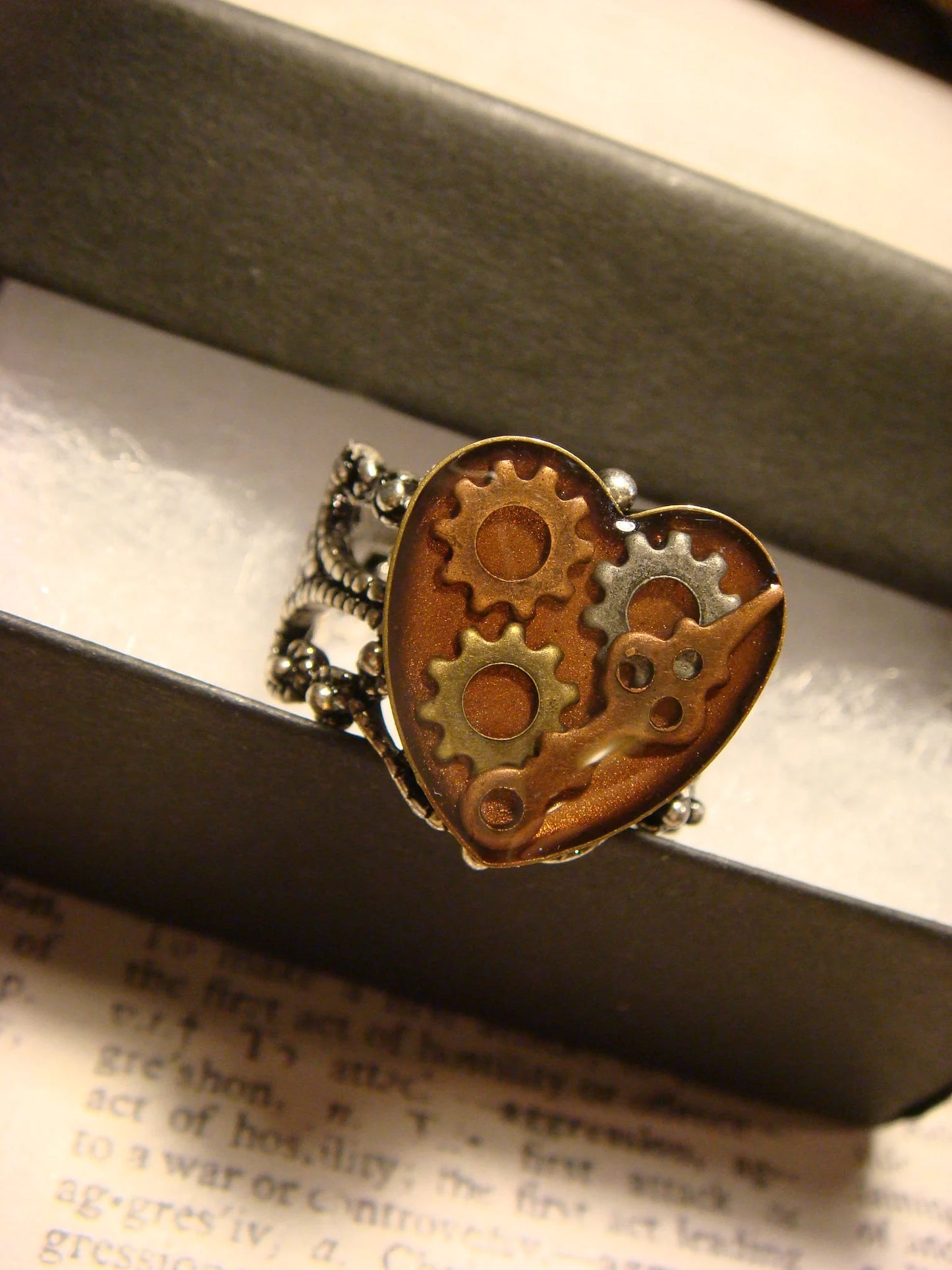 Watch Part Gear Heart Ring in Antique Silver