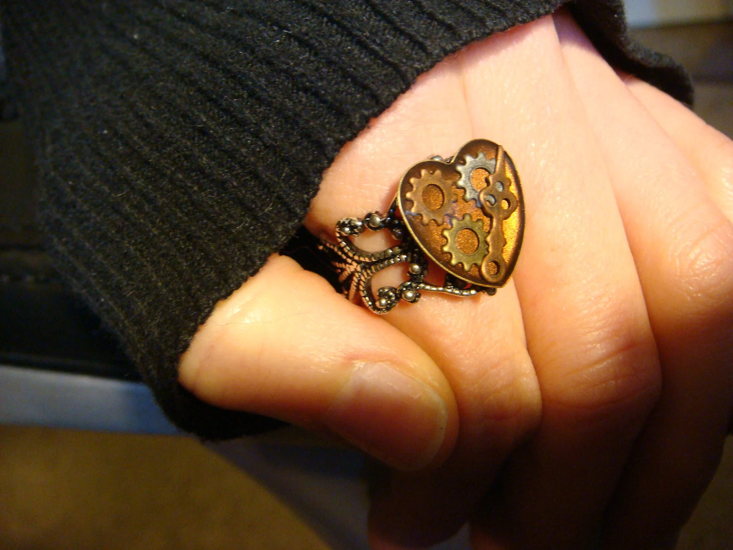 Watch Part Gear Heart Ring in Antique Silver