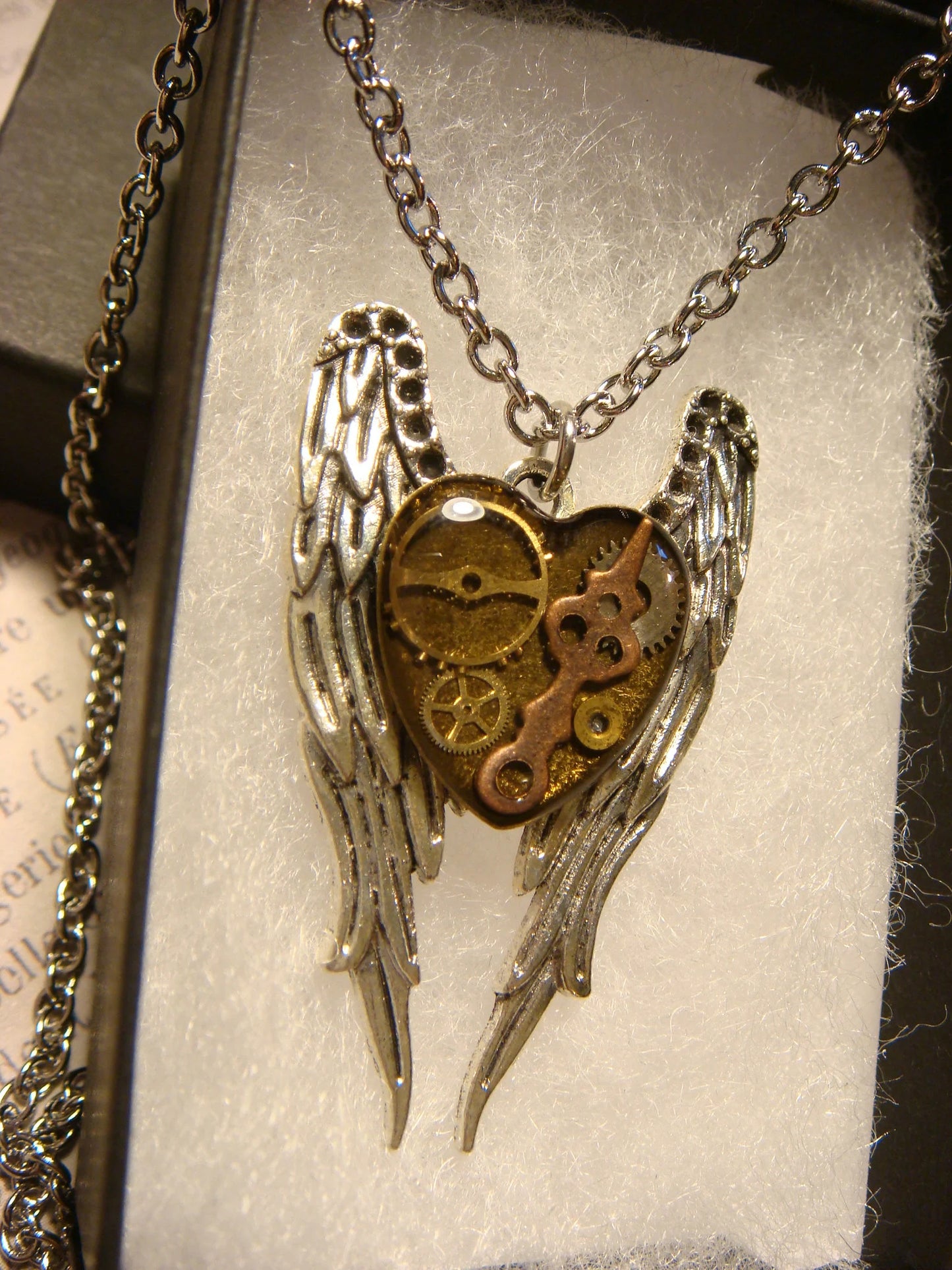 Clockwork Heart with Wings Necklace in Antique Silver