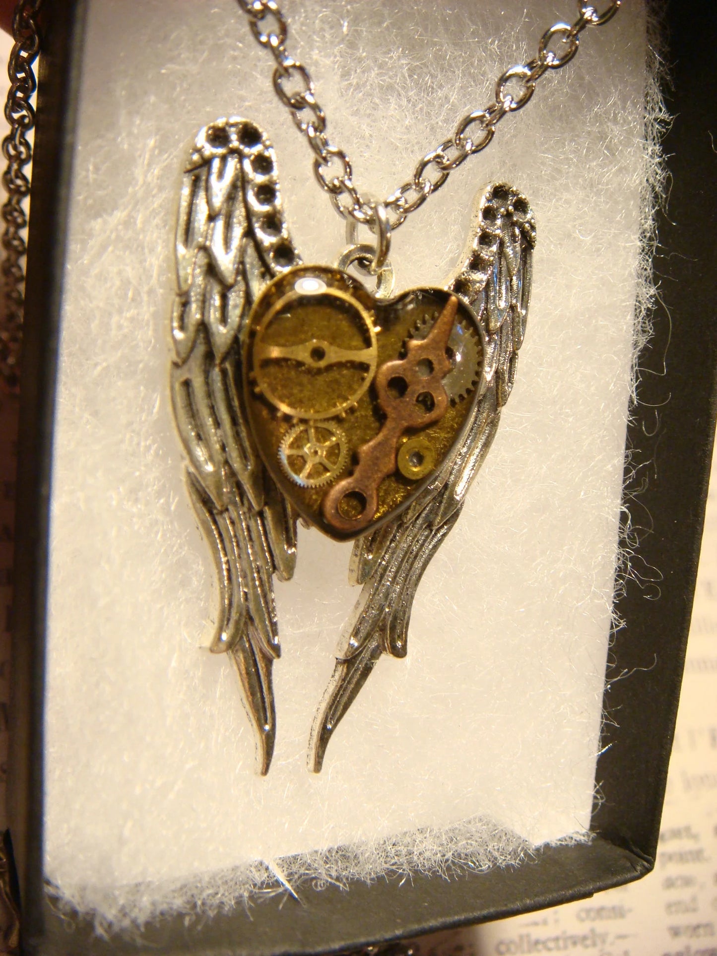 Clockwork Heart with Wings Necklace in Antique Silver