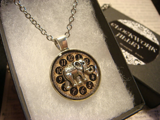 Elephant over Clock Small Pendant Necklace