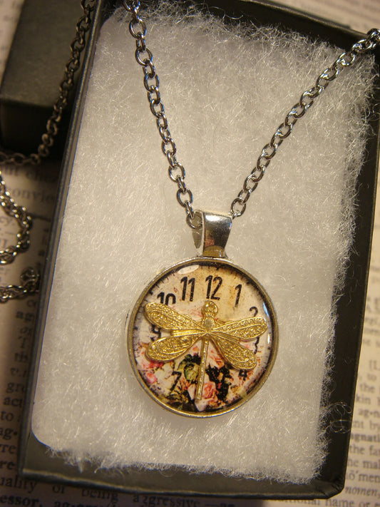 Dragonfly over Floral Clock Small Pendant Necklace