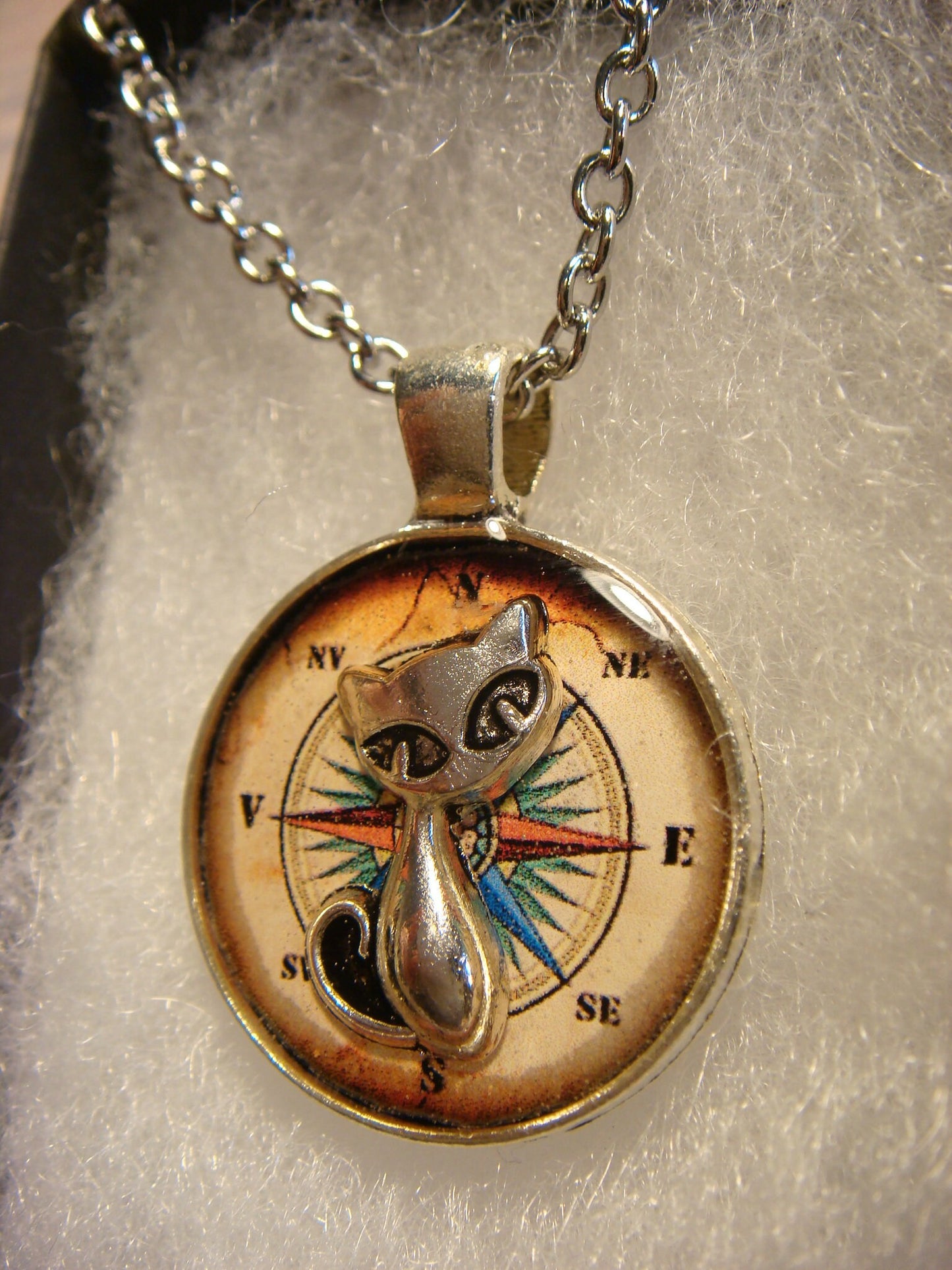 Cat over Compass Rose Small Pendant Necklace