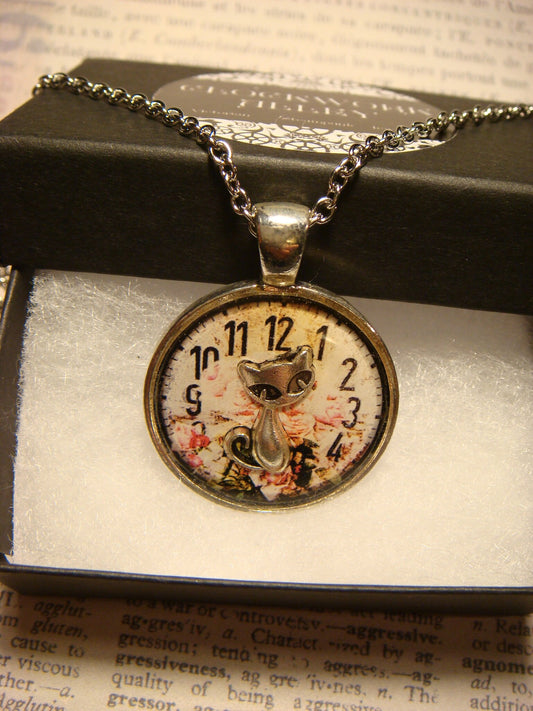 Cat over Floral Clock Pendant Necklace