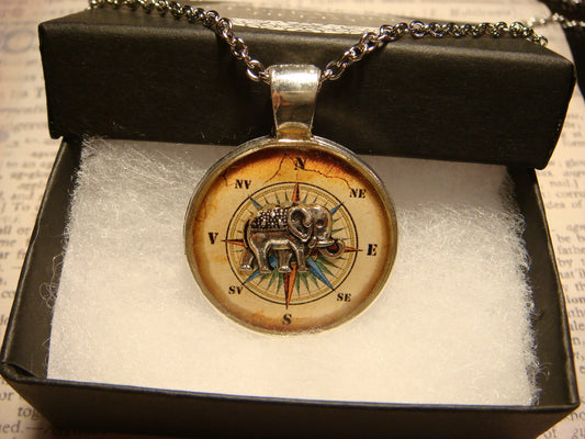Elephant over Compass Rose Pendant Necklace