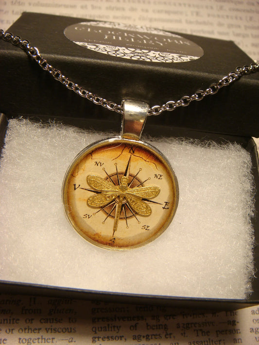Dragonfly over Compass Pendant Necklace
