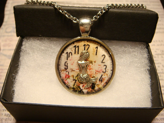 Mermaid over Floral Clock Pendant Necklace