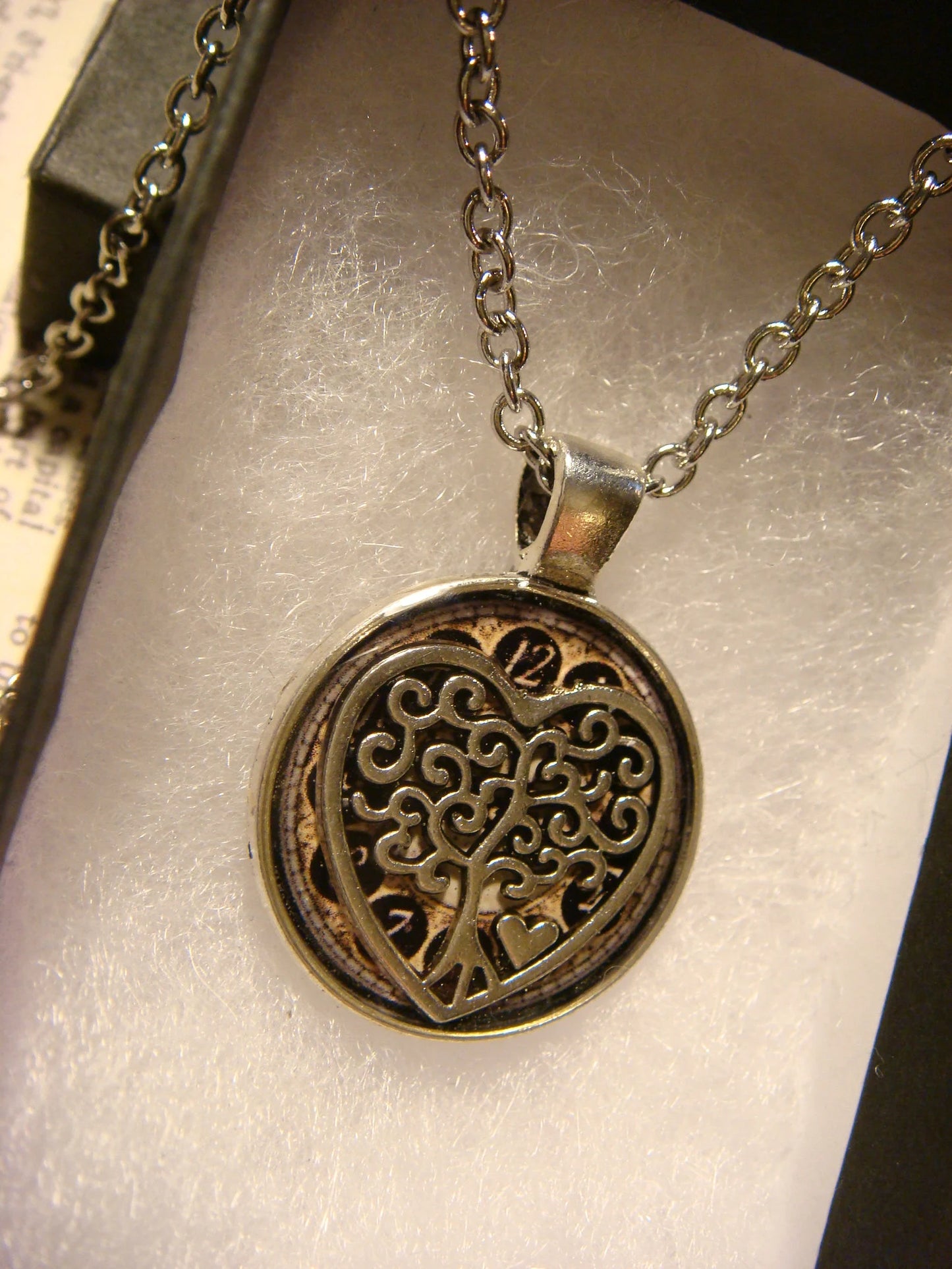 Tree Heart over Clock Small Pendant Necklace